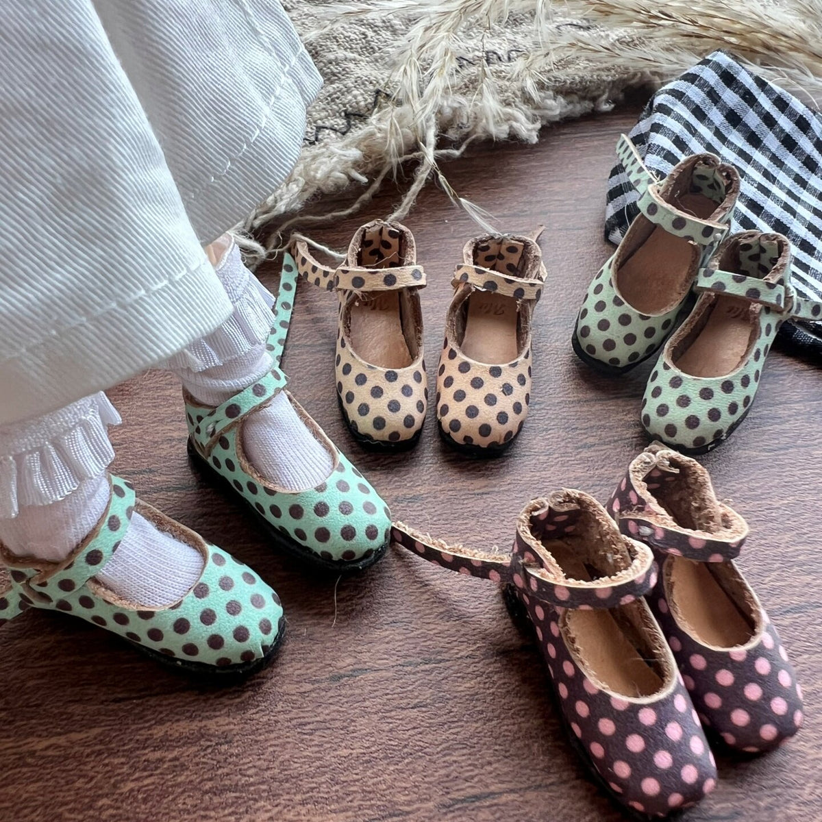 Polka Dot Leather Doll Shoes for Blythe Azone OB22 OB24 Dolls