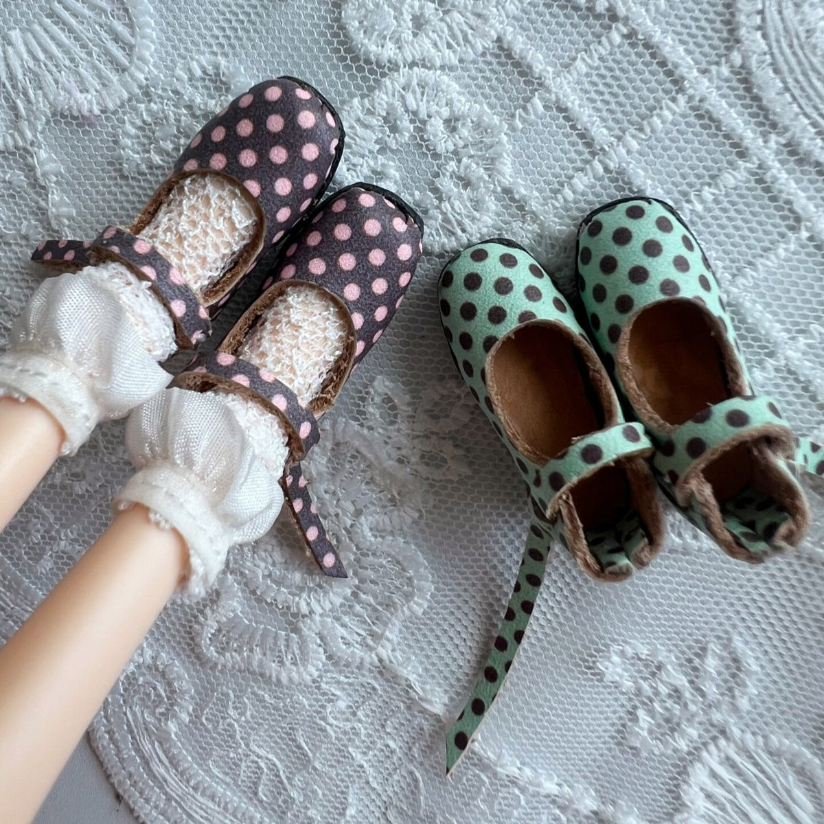 Polka Dot Leather Doll Shoes for Blythe Azone OB22 OB24 Dolls