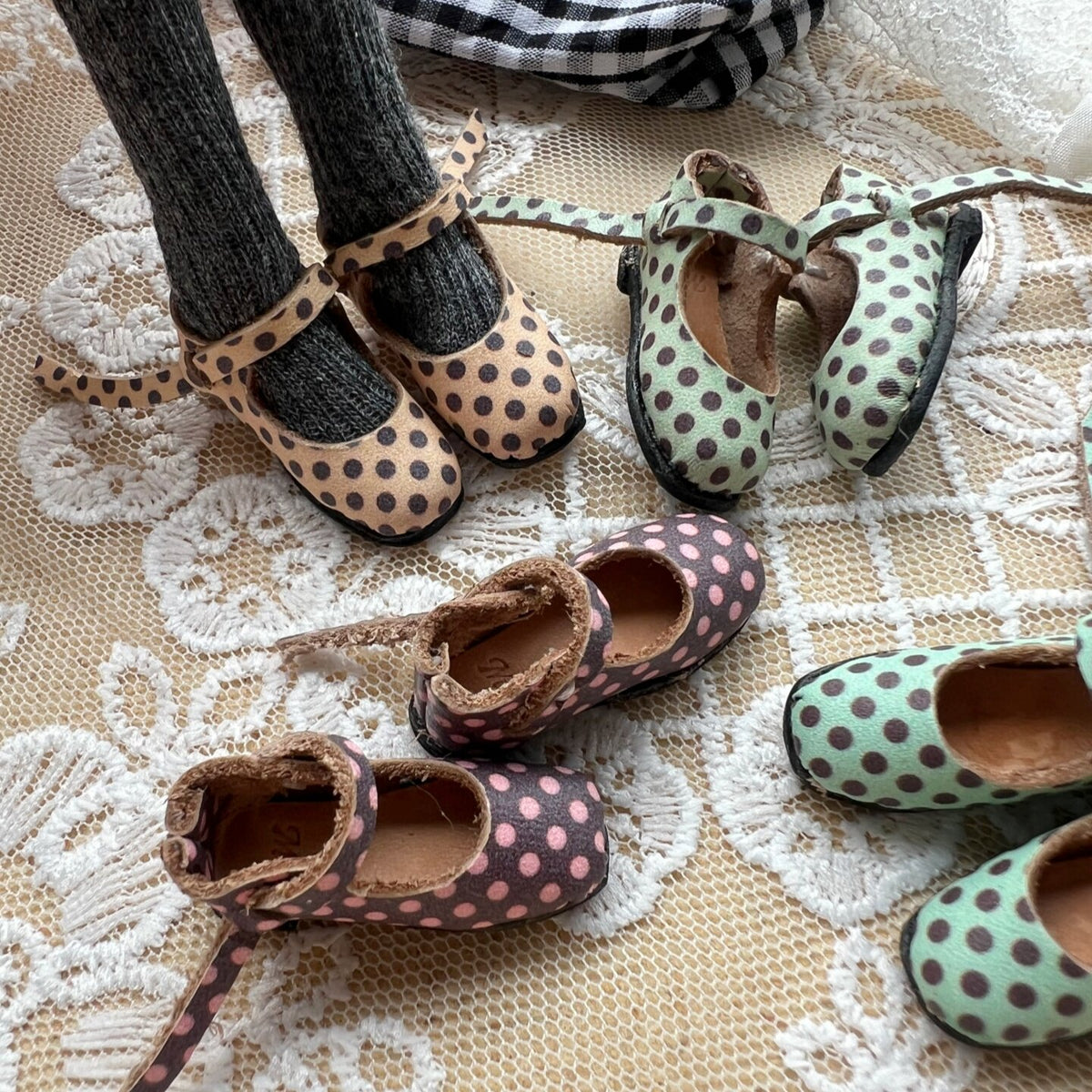 Polka Dot Leather Doll Shoes for Blythe Azone OB22 OB24 Dolls