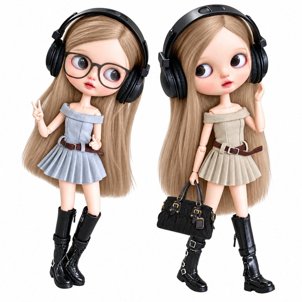 Off Shoulder Pleated Doll Dress with Belt for Blythe OB22 OB24 Dolls