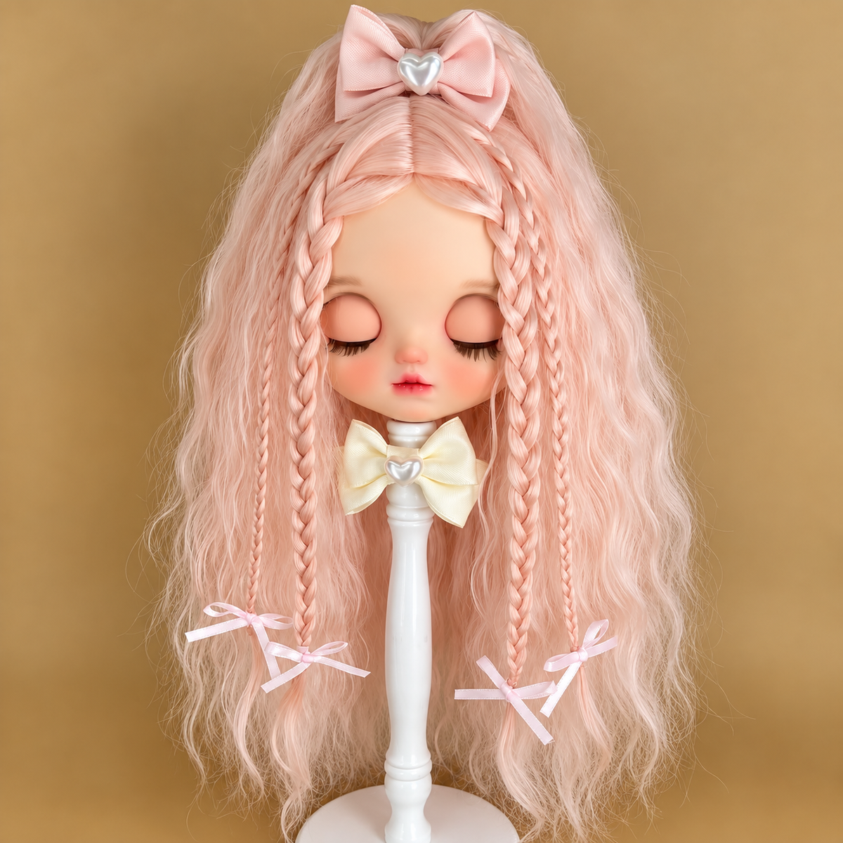 Pink Pre-Styled Mohair Wig for Blythe Qbaby Dolls – Handmade Doll Wig