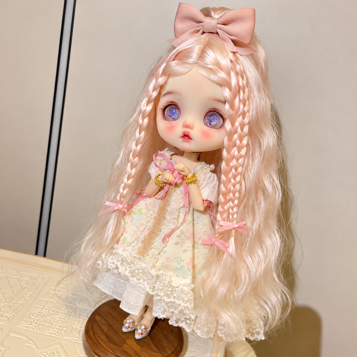 Pink Pre-Styled Mohair Wig for Blythe Qbaby Dolls – Handmade Doll Wig