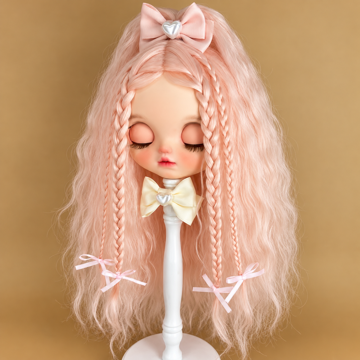 Pink Pre-Styled Mohair Wig for Blythe Qbaby Dolls – Handmade Doll Wig