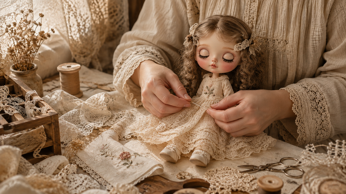 Designer hand stitching an ivory lace outfit for a custom art doll